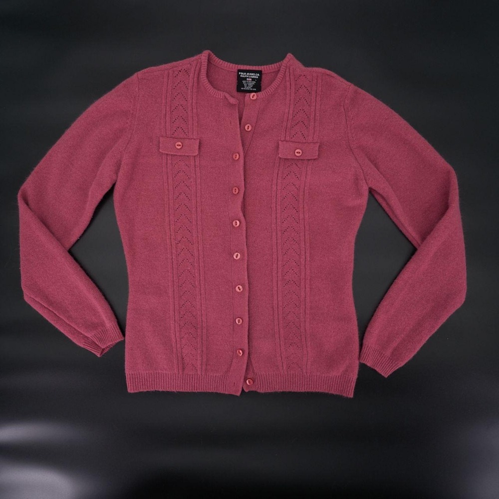 Vintage dusty rose raspberry cardigan has a soft, fuzzy lambswool-angora knit